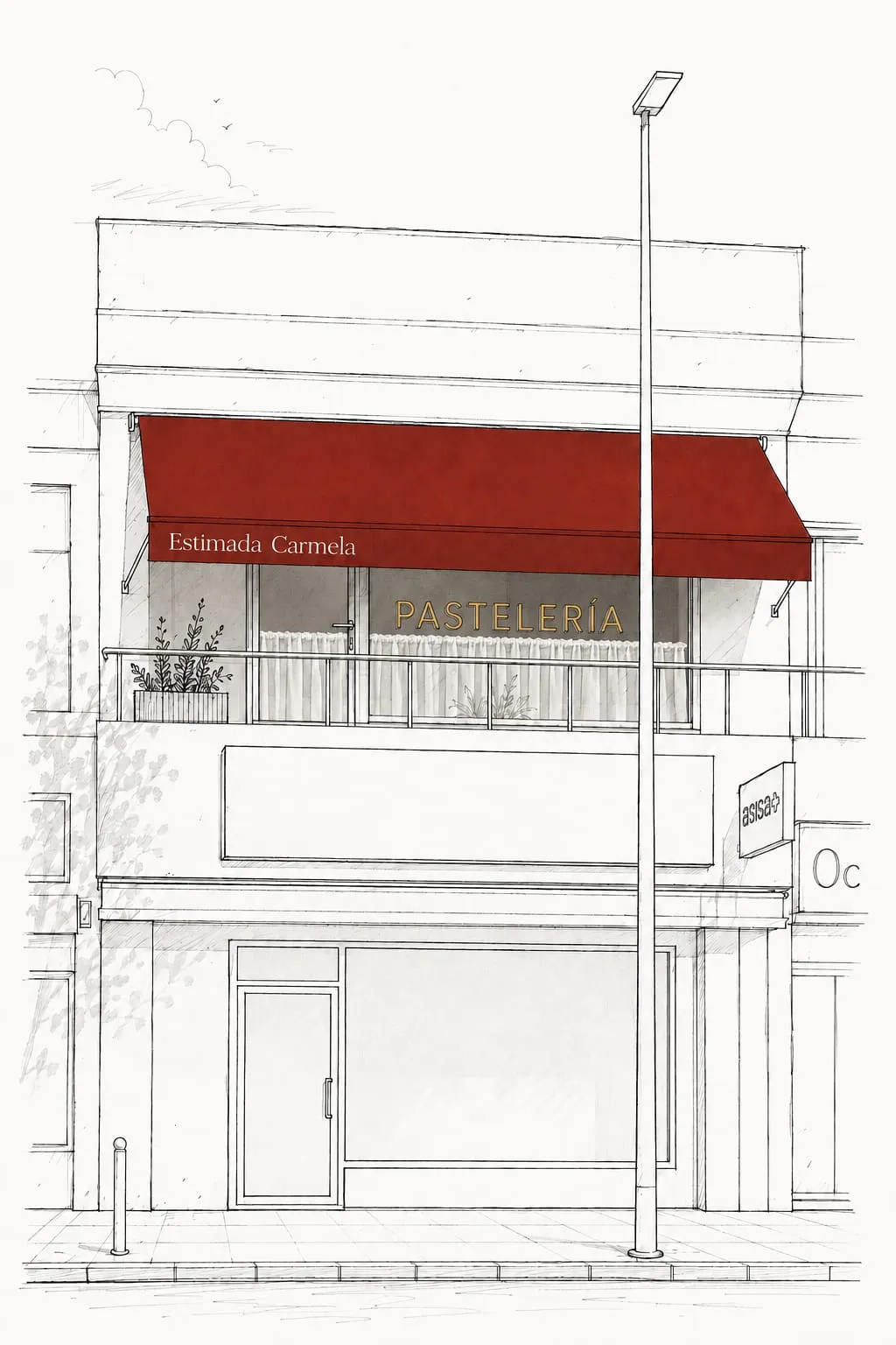 Ilustración de la fachada: un toldo rojo con el nombre Estimada Carmela sobre el ventanal de la primera planta, con el rótulo Pastelería.