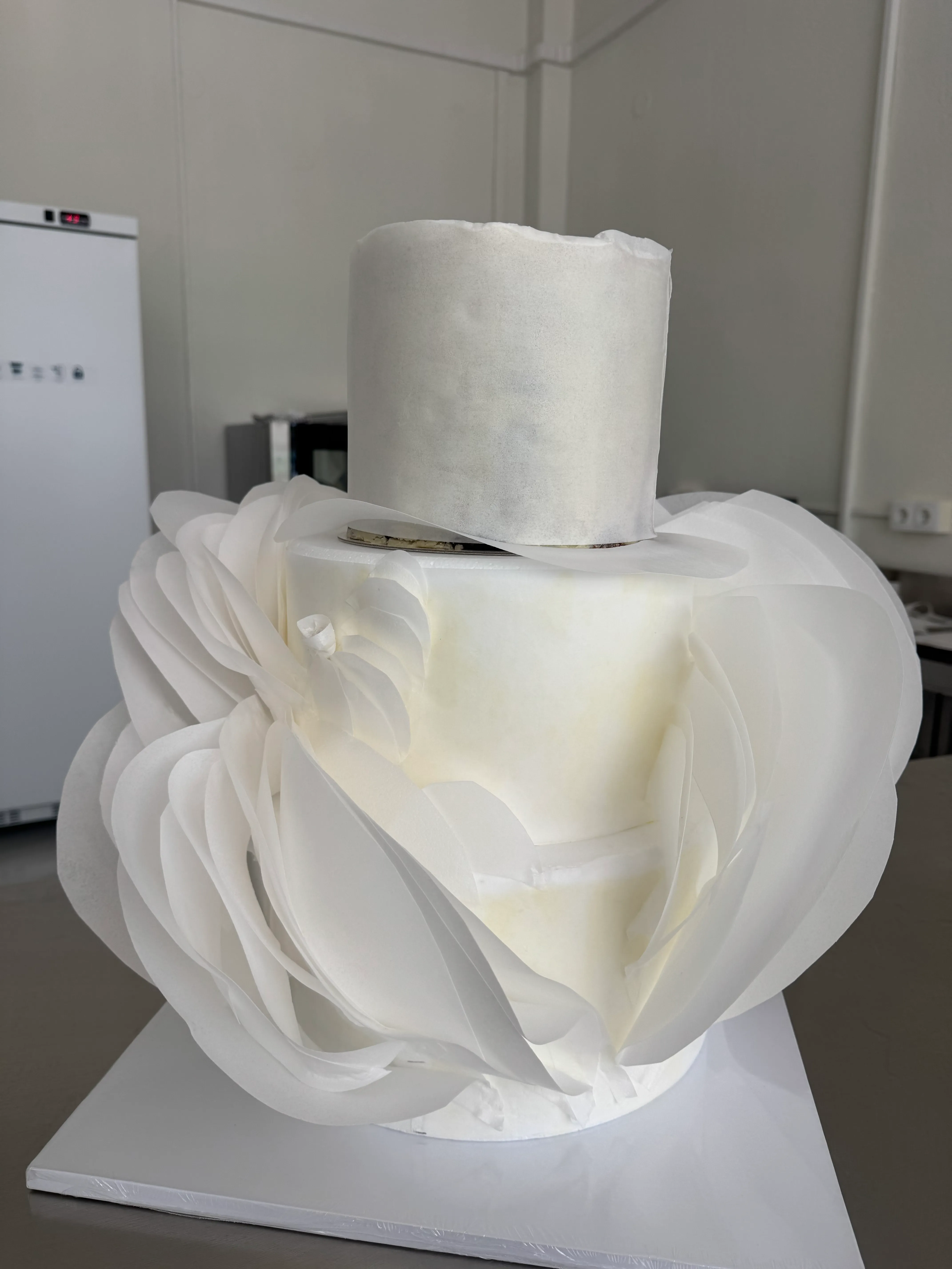 La tarta de dos pisos en el obrador, con volantes blancos de papel de azúcar alrededor del piso de abajo.